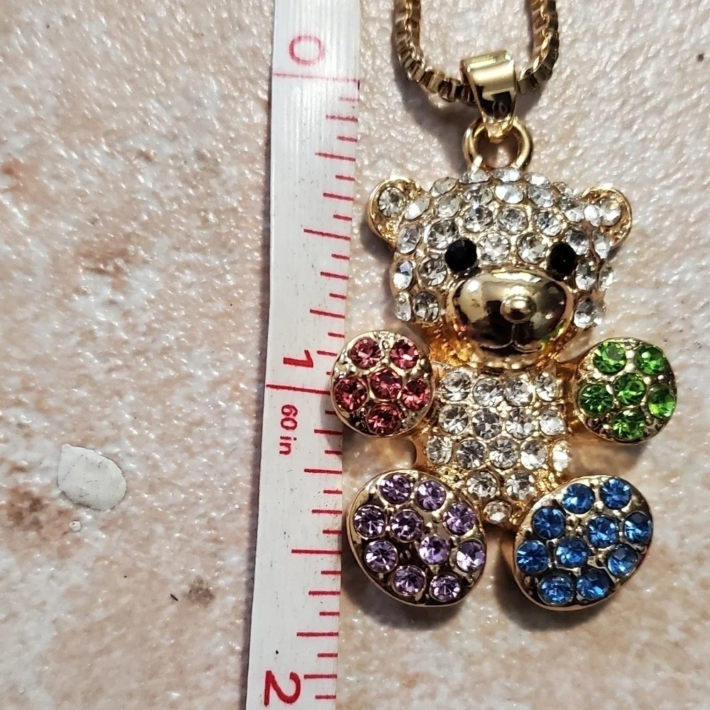 Multi Colored Austrian Crystal Teddy Bear Necklace & Earrings In Stainless Steel